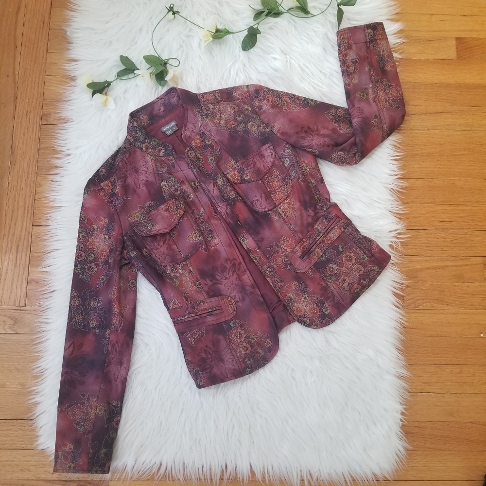 Anthracite Floral Jacket Burgundy Color Size 4 Tunic Style Collar Chinese, Hook